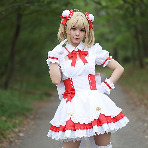 Photograph of a young woman with blonde hair in pigtails, wearing a white and red anime-style dress, red bows, and white lace,