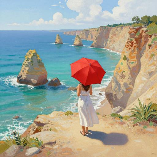 Digital painting of a woman in a white dress holding a red umbrella, standing on a cliff overlooking a vibrant blue ocean with rocky formations and a bright,