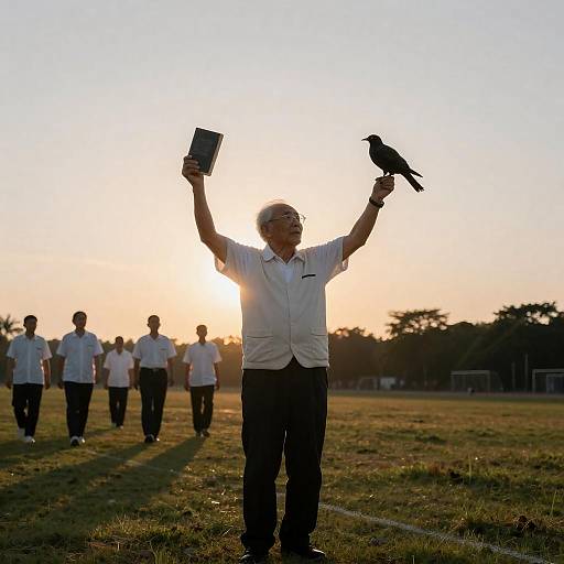 Elderly Man Holding Book and Bird at Sunset