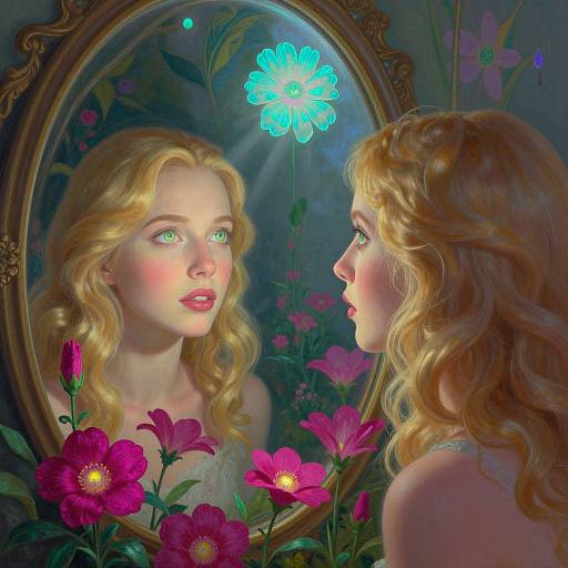 Digital painting of a blonde woman with green eyes, reflected in an ornate mirror, surrounded by glowing pink flowers and a blue flower. Ethereal,