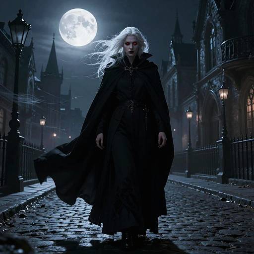 Digital art of a pale, white-haired figure with dark cloak, standing in a moonlit, cobblestone street between Gothic buildings.