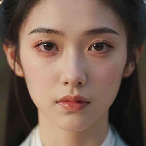 Close-up photograph of an Asian woman with fair skin, brown eyes, and dark hair, wearing a white top, looking directly at the camera with a