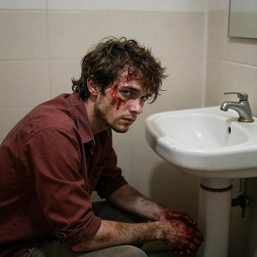 Intense Man Crouching Under Dirty Sink