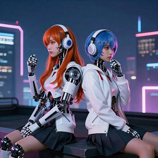 Digital CGI of two cybernetic anime girls with red and blue hair, wearing white jackets and black skirts, seated back-to-back in a neon-l