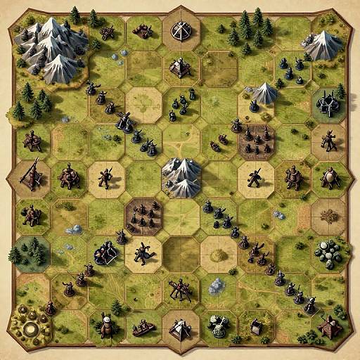 Top-down view of a detailed fantasy board game. Players' black figures surround white tents and pine trees on a hexagonal grid. Mountains and blue crystals