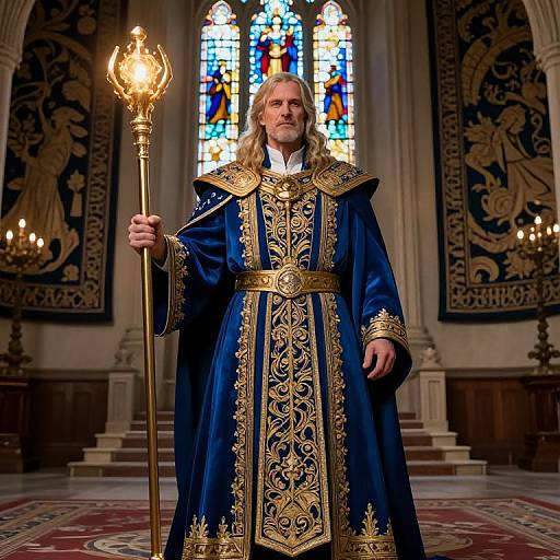 Photograph of a regal, long-haired, bearded man in ornate blue and gold robes holding a flaming staff, standing in an opulent