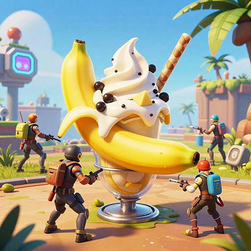 Bright, colorful digital artwork of four cartoonish, armored characters aiming guns at a giant banana sundae with whipped cream and chocolate chips in a sunny,