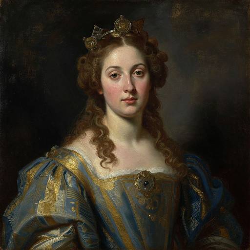 Baroque-style portrait of a young woman with fair skin, curly brown hair, and blue and gold embroidered dress, wearing a jeweled crown, against