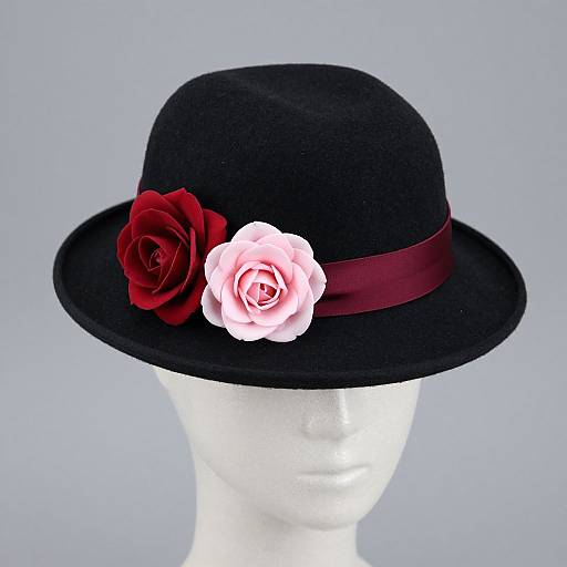 Photograph of a black velvet hat adorned with a red rose and a pink rose, featuring a burgundy ribbon, displayed on a white mannequin