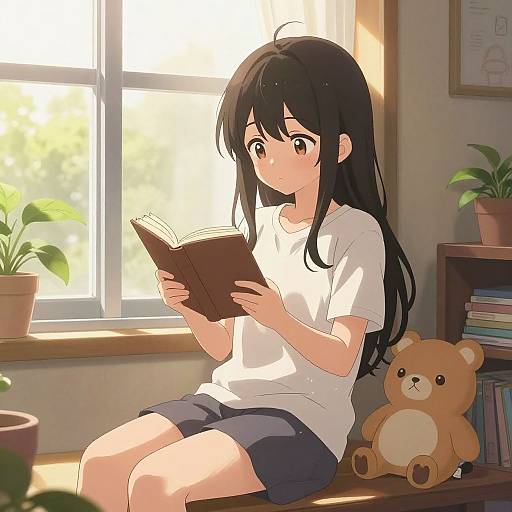 Anime-style digital drawing of a black-haired girl in a white shirt and blue shorts, reading a book by sunlight, with a teddy bear and p