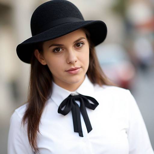 Photograph of a young woman with fair skin, brown eyes, and long dark hair, wearing a black hat and white blouse with a black ribbon,