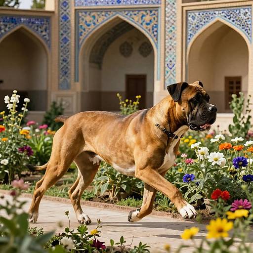 Photograph of a muscular, tan and black Boxer dog walking through a vibrant garden with colorful flowers, in front of a beautifully tiled, archway