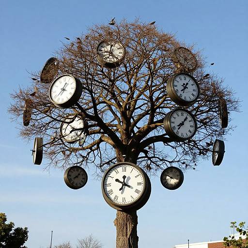 Photograph of a tree with multiple black clock faces at various branches, set against a clear blue sky, birds perched on branches.