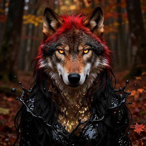 Photorealistic digital image of a fierce wolf with glowing yellow eyes, red-tinted fur, and black splashes, set in a dark,