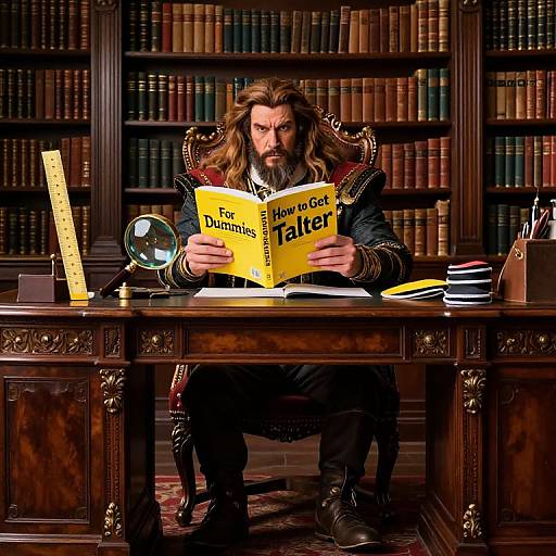 Photograph of a bearded man with long brown hair, reading 