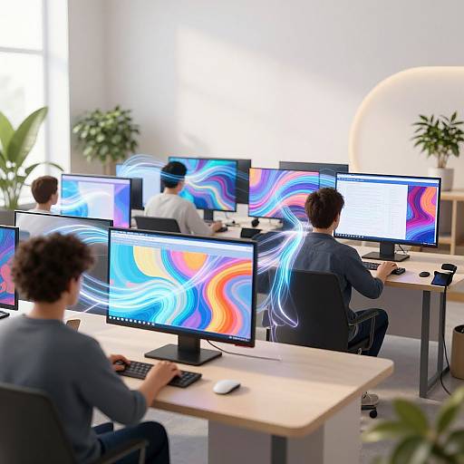 Photograph of a modern, bright office with four men working on computers, each displaying vibrant, swirling abstract patterns on their screens.