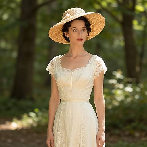 Photograph of a fair-skinned woman with short dark hair, wearing a white lace dress and wide-brimmed straw hat, standing in a sun