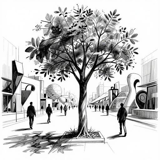 Urban Sketch with Abstract Tree