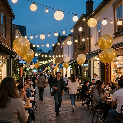 Photograph of a twilight street festival with golden and blue balloons, string lights, and people dining and walking along a cobblestone path.
