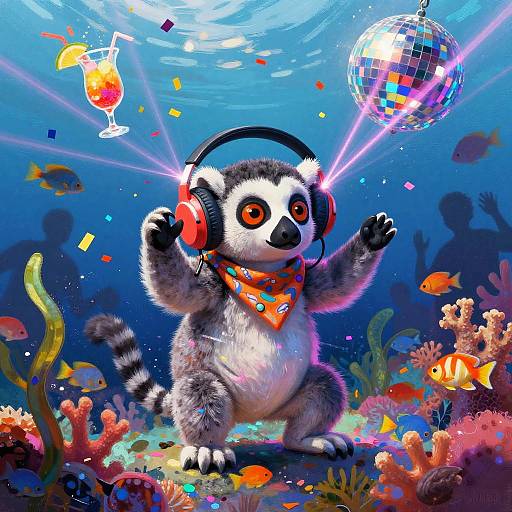 Digital artwork of a cute, furry lemur with red headphones and orange bandana, dancing underwater to a floating disco ball, surrounded by colorful fish and