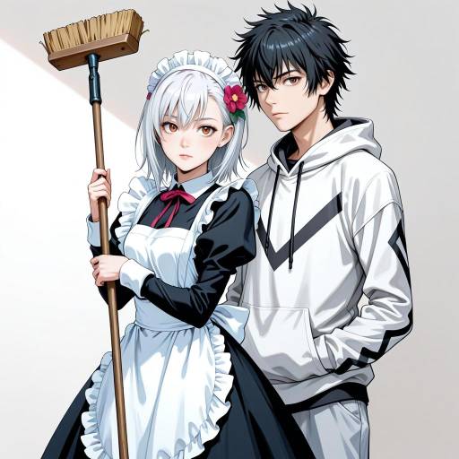 Anime Maid and Young Man with Broom