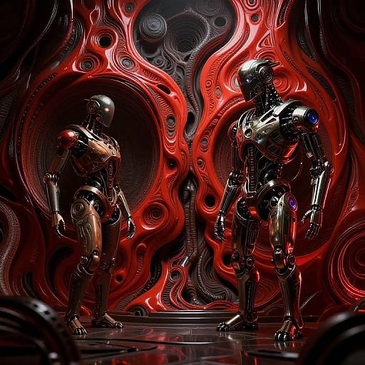 Photorealistic CGI of two shiny, metallic robots facing each other in a vividly red, swirling, abstract background with intricate patterns.