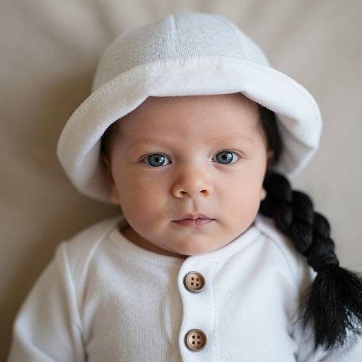 Photograph of a baby with blue eyes, fair skin, wearing a white hat and matching buttoned shirt, with a black braid.