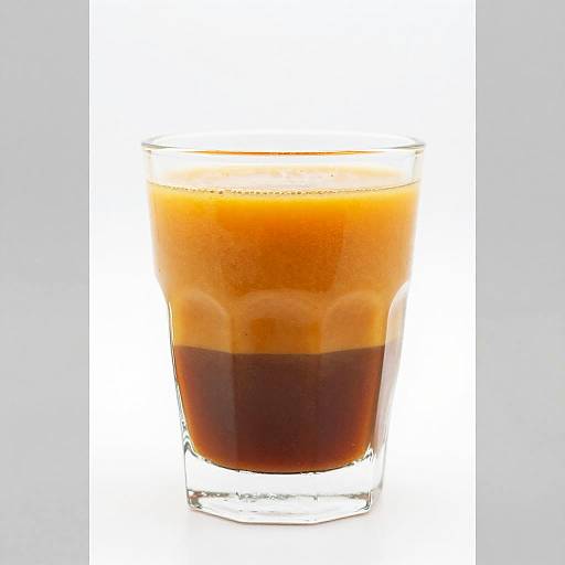 Photograph of a glass filled with layered orange and dark brown liquid, set against a plain white background.