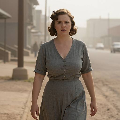 Photograph of a woman with wavy brown hair in a gray, buttoned dress standing on a sunlit, dusty street in an industrial area.