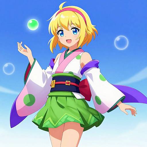 Anime-style digital drawing of a blonde girl with blue eyes, wearing a green skirt and white kimono with purple and green accents, against a bright blue