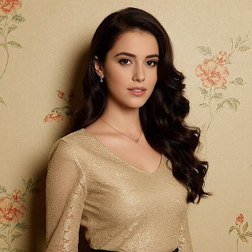 Photograph of a beautiful young woman with long, wavy black hair, wearing a sparkly gold dress, standing against a floral-patterned beige wallpaper