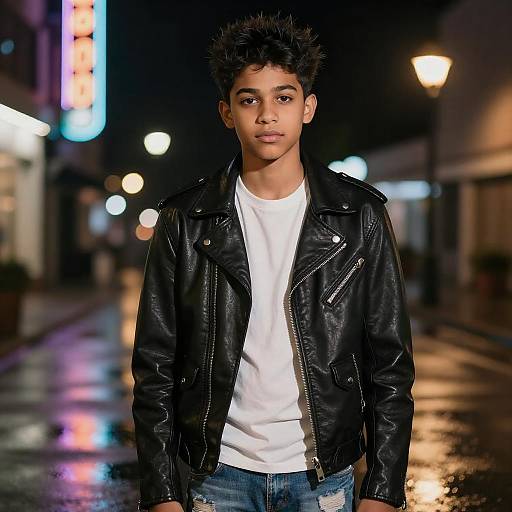 Photograph of a young boy with dark curly hair, wearing a black leather jacket and white t-shirt, standing on a rain-soaked, neon-l