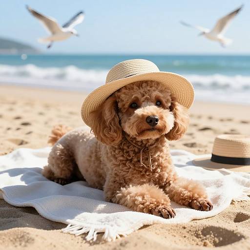 Cute curly-haired poodle in a straw hat lounging on a white blanket on a sunny beach with seagulls flying in the background.