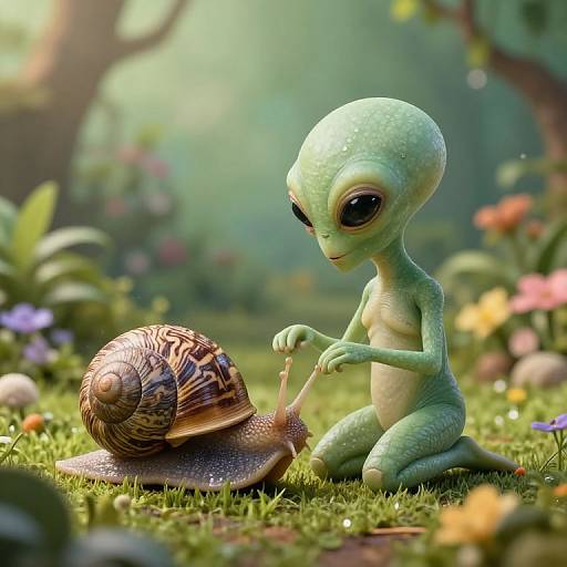  CGI image of a green, alien-like child with large eyes, gently pulling a snail's antennae in a sunlit, colorful forest meadow