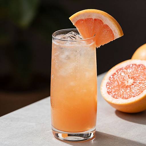 Photograph of a tall glass filled with a vibrant orange grapefruit cocktail, garnished with a grapefruit slice, ice cubes, and a halved