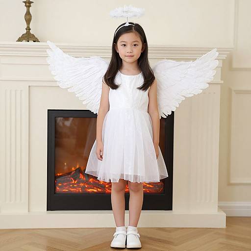 Photograph of an Asian girl with long black hair, wearing a white dress, angel wings, and white sneakers, standing in front of a fireplace in