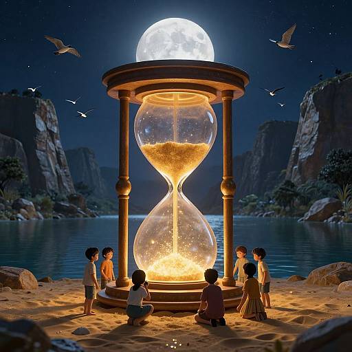 Moonlit Hourglass with Children Gathering