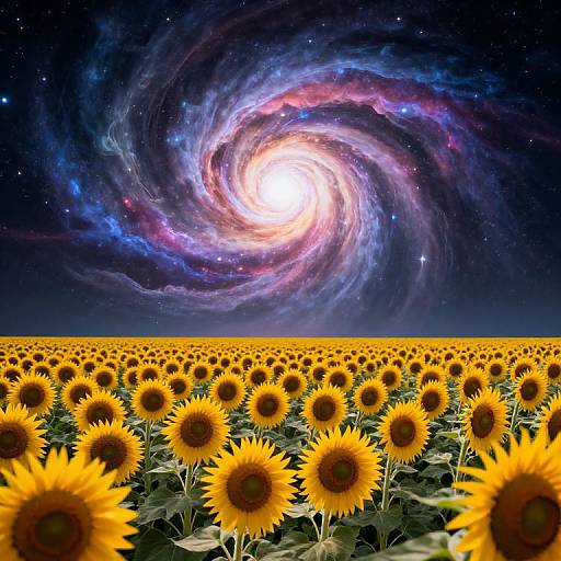 Photograph of a sunflower field under a swirling galaxy with vibrant stars and cosmic colors, blending Earth's yellow flowers with the universe's deep blues and