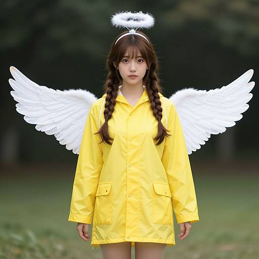 Photograph of a young girl with long brown braids, wearing a yellow raincoat, white angel wings, and a glowing halo, standing in a
