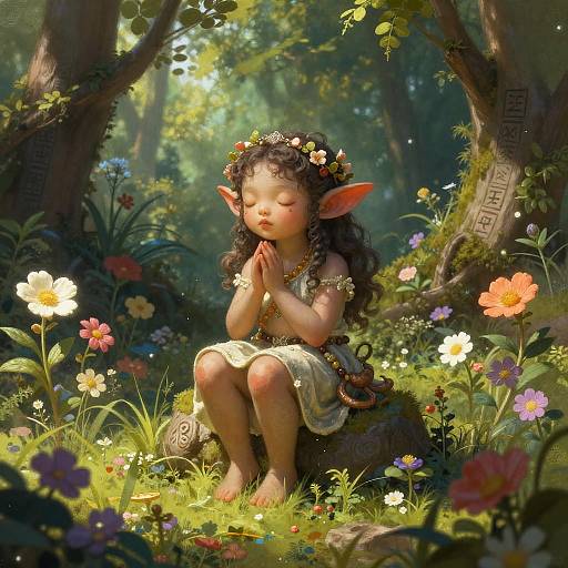 Digital fantasy artwork of a cute, elf-like child with curly black hair, flower crown, and prayer hands, seated in a lush, sunlit forest