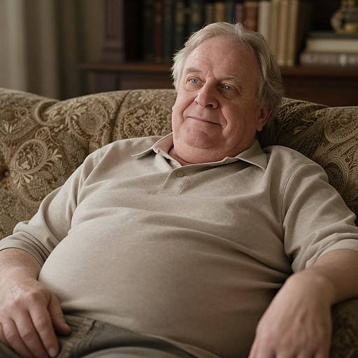 Photograph of an older white man with gray hair, smiling, wearing a beige polo shirt, reclining on a patterned brown couch in a warmly