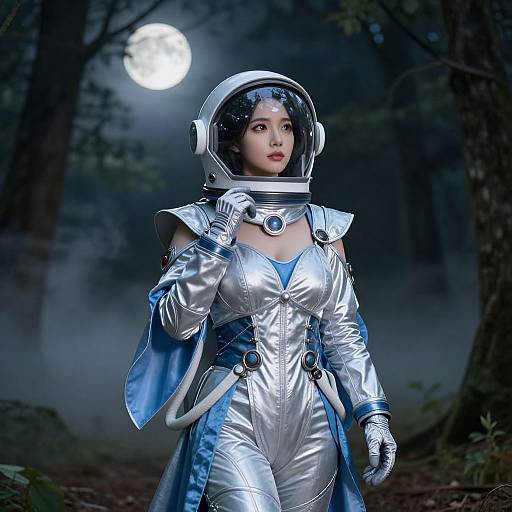 Photorealistic CGI of an Asian woman in a silver space suit with blue accents, helmet, and gloves, standing in a dark forest under a full
