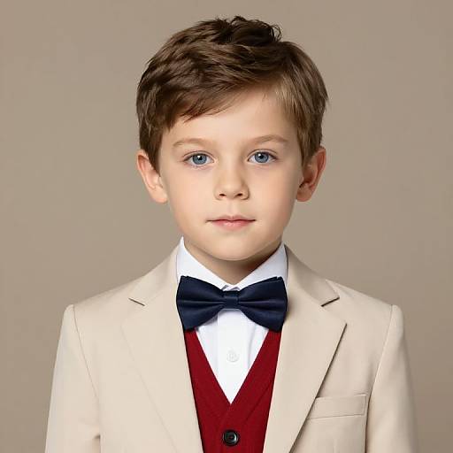 Photograph of a young boy with blue eyes, brown hair, wearing a cream blazer, red vest, white shirt, and navy bow tie,