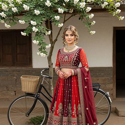 Photograph of a beautiful Indian woman in a red embroidered traditional lehenga, standing beside a black bicycle under white flowers.