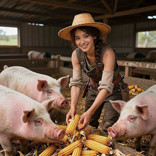 Photograph of a smiling Asian woman in a straw hat, denim overalls, feeding corn to three pink pigs in a dimly lit barn.