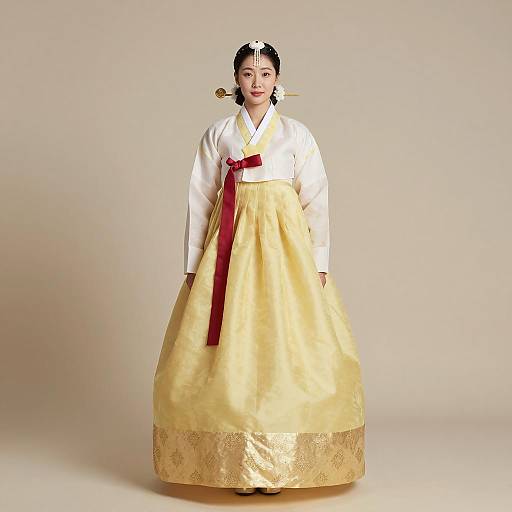 East Asian Woman in Traditional Yellow Korean Hanbok