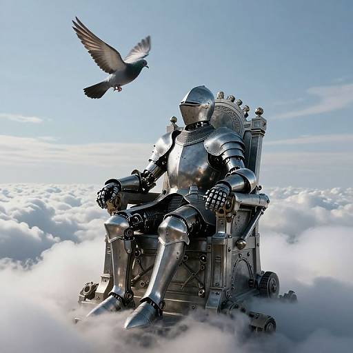 Photorealistic digital art of a silver armored knight sitting on a throne amidst clouds, with a bird flying nearby in a bright blue sky.