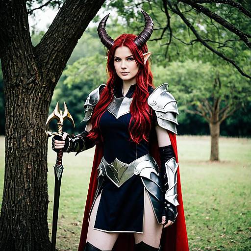 Red-Haired Warrior with Horns in Armor Cosplay
