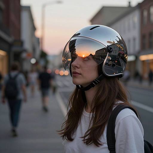 Photograph of a young woman with long brown hair, wearing a reflective silver helmet and white shirt, walking on a busy urban street at sunset. Bl