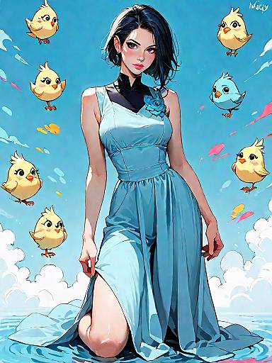 Stylish Woman in Blue Dress with Cartoon Birds